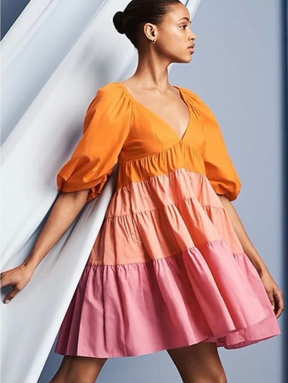 STAUD Orange-to-Pink Colorblock Tiered Mini Dress